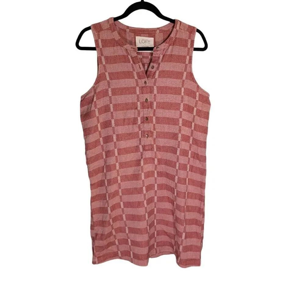 LOFT Lounge Women Red White Plaid Popover Sleeveless Cotton Knee Length Dress M